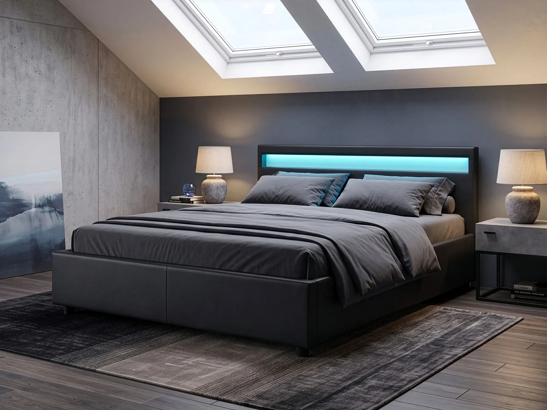 Ottoman Bed with LED ARMELLE Faux Leather Black 180 x 200 cm (EU Super King)_1131194