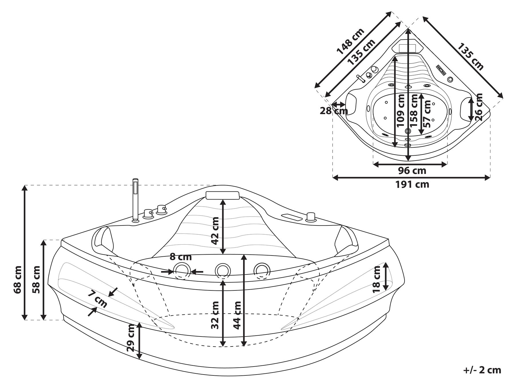 Corner Hot Tub with LED MONACO 2100 x 1450 mm with Built-In Bluetooth Speaker White_1068826