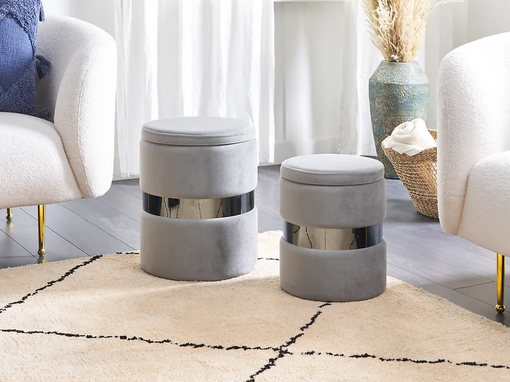 Pouf mit Stauraum 2er Set DORIS Samtstoff Hellgrau