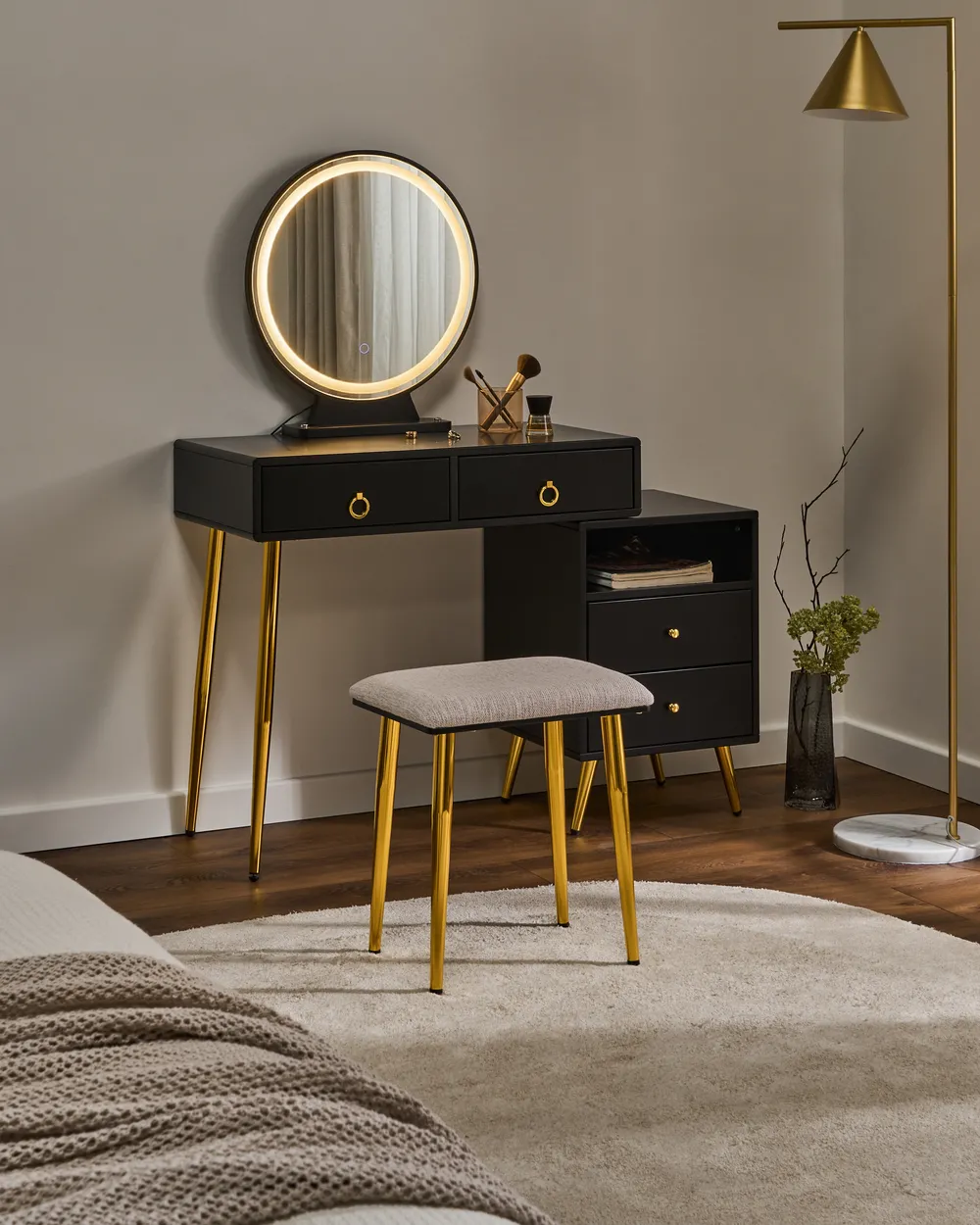 Schminktisch mit Spiegel und Hocker YVES LED Schwarz_1068285