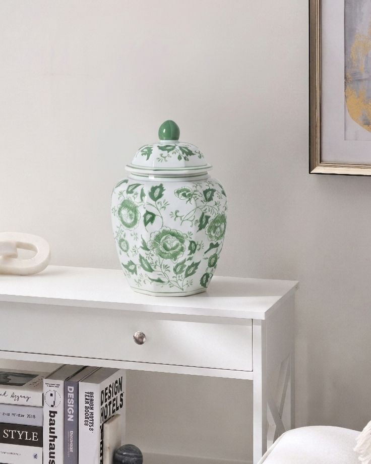 Lidded Vase FERROL 29 cm Porcelain White/ Green