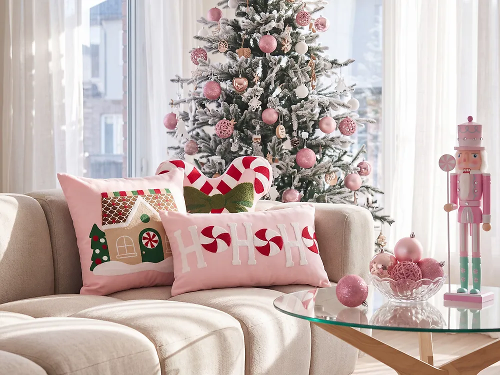 Set van 3 sierkussens VELLYN 30 x 50 cm 45 x 45 cm Roze kerstmotief