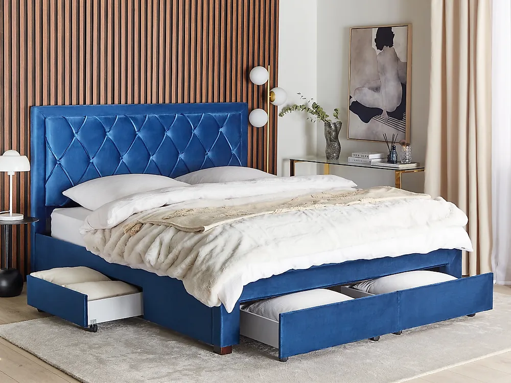 Bed with Storage Drawers LIEVIN Velvet Navy Blue 180 x 200 cm (EU Super King)_1186378