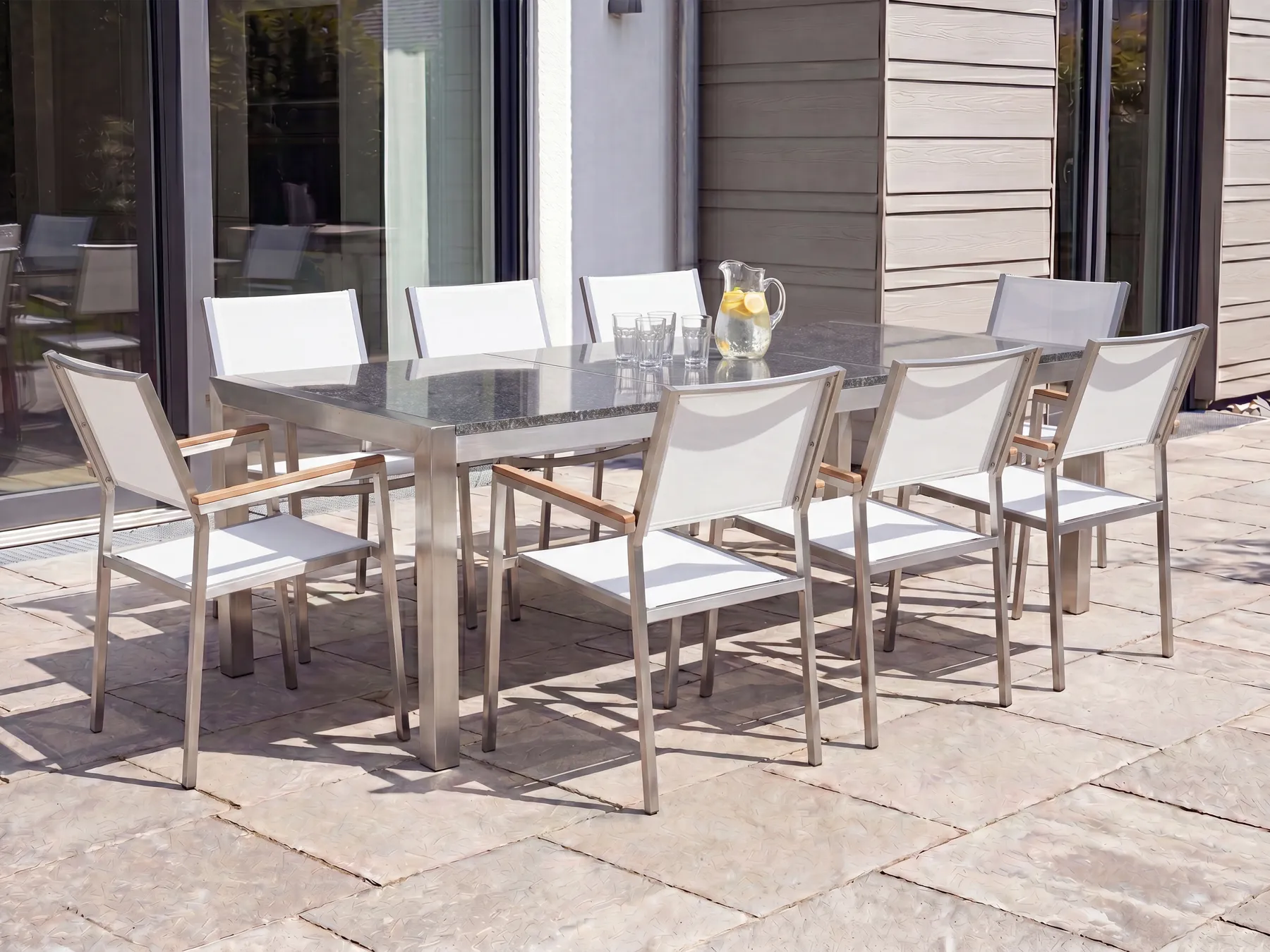 Garden Dining Set 8 Seater GROSSETO Triple Plate Granite Polished Grey/ White_377773