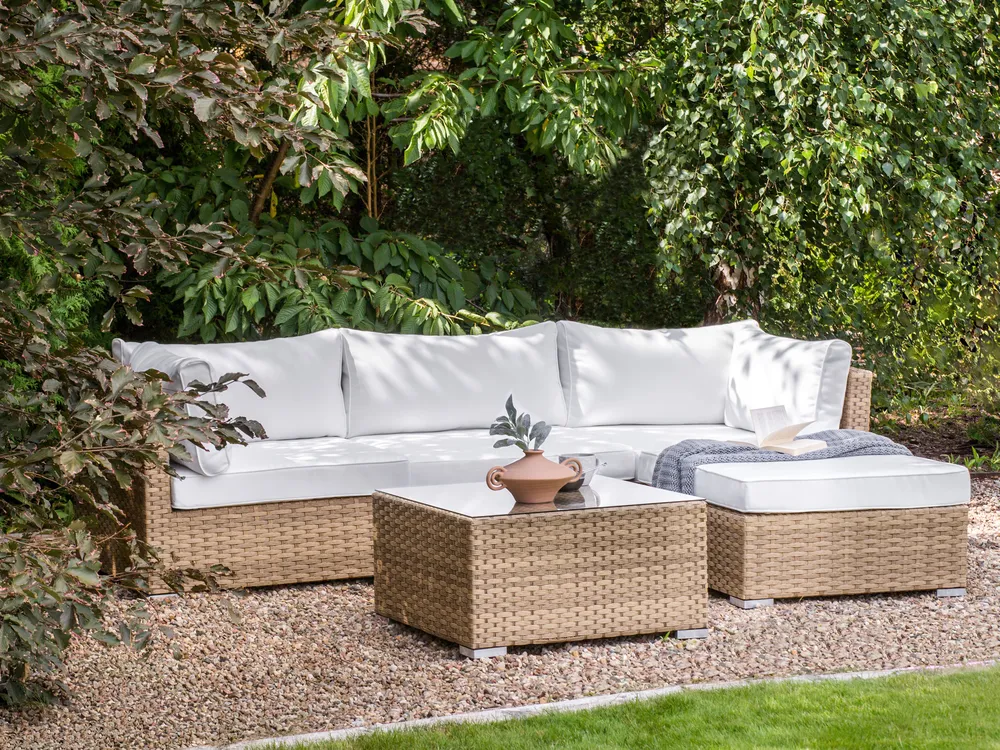 Garten Ecksofa mit Tisch 4-Sitzer SANO modular Polyrattan Naturfarben linksseitig_931946