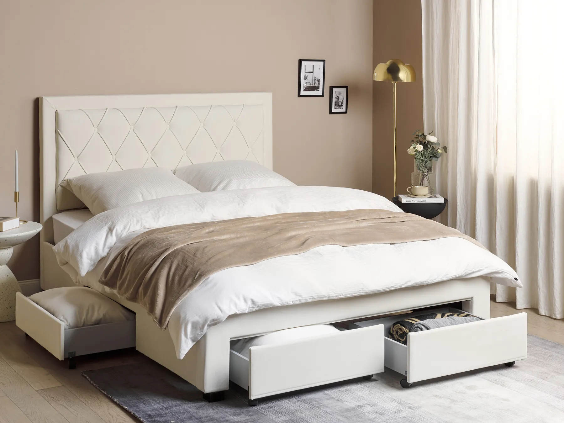Bed with Storage Drawers LIEVIN Velvet Light Beige 160 x 200 cm (EU King Size)_902422