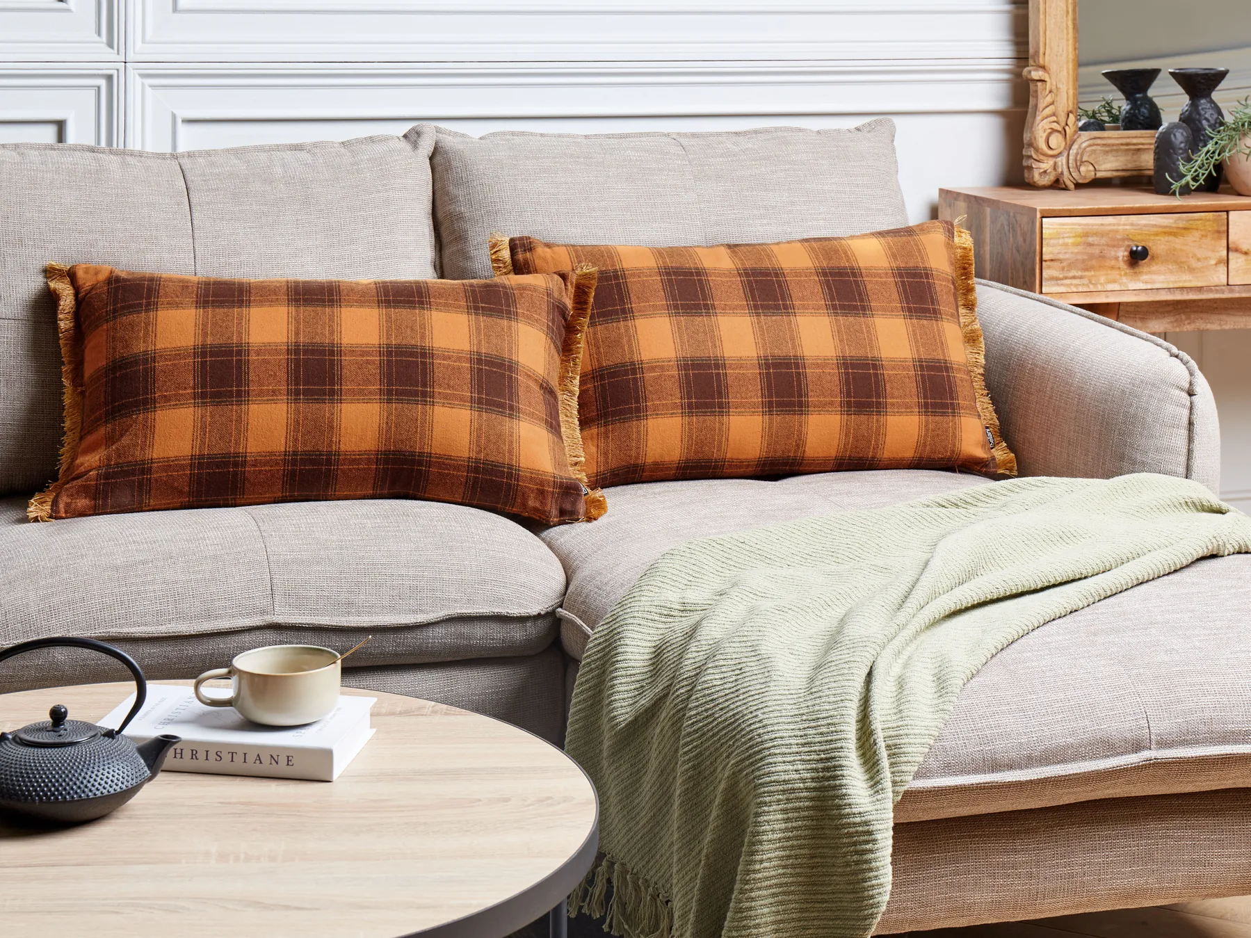 Dekokissen 2er Set BARJA 40 x 70 cm Orange Kariertes Muster_902668