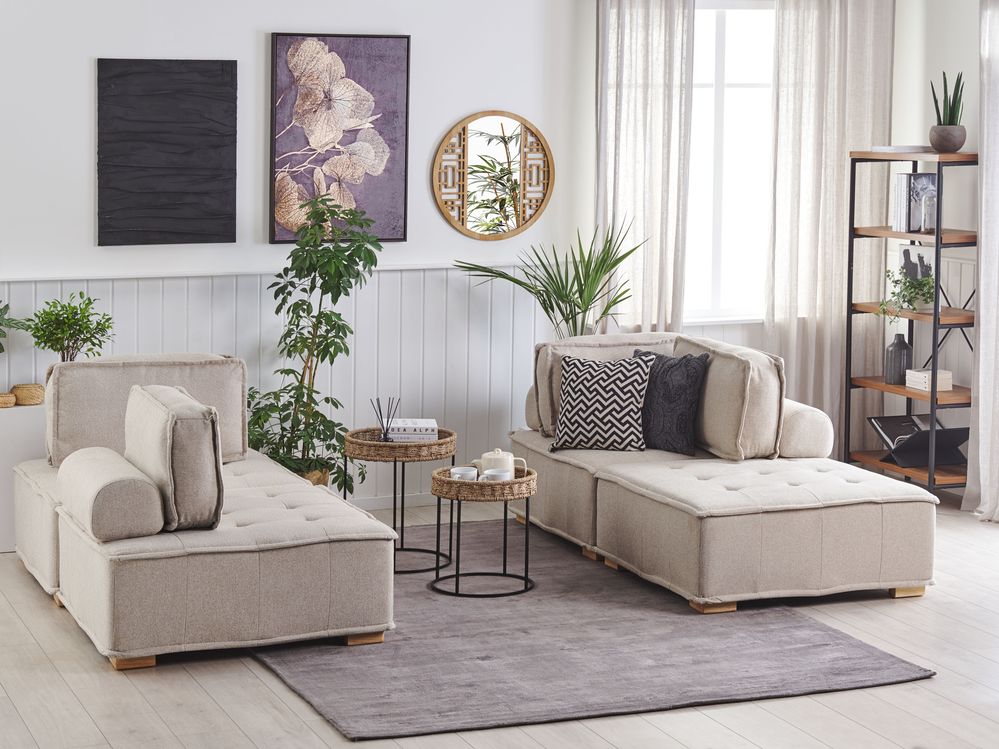 Modular Living Room Set 4 Seater TIBRO Fabric Light Beige