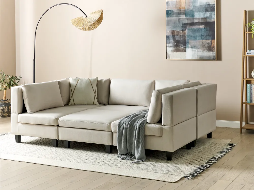 Modular U-Shape Sofa 5 Seater UNSTAD with Ottoman Fabric Light Beige