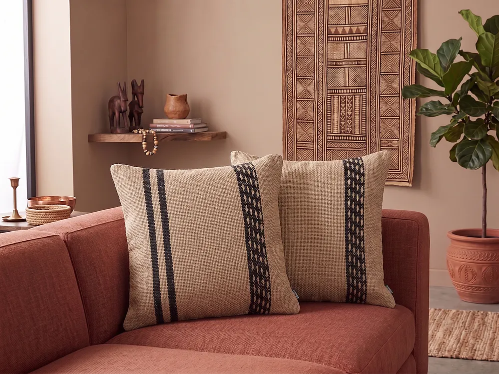 Set of 2 Decorative Cushions DESALIX 45 x 45 cm Jute Beige Striped_1154612