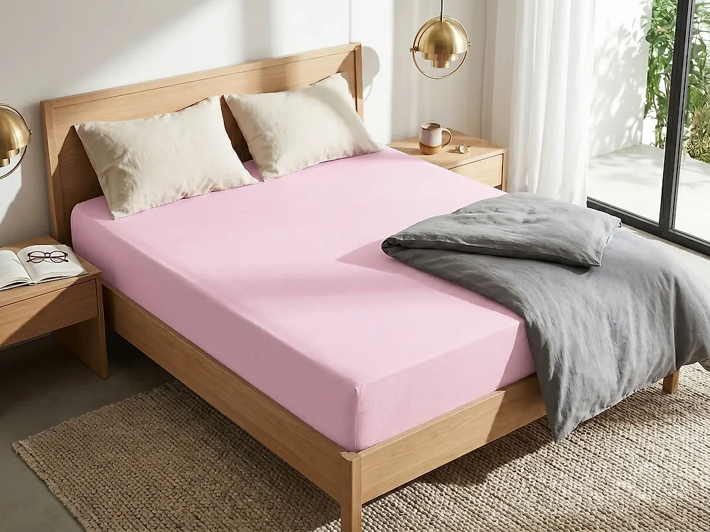 Fitted Sheet JANBU 200 x 200 cm Cotton Pastel Pink_1185261