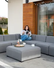 Garten Ecksofa mit Ottomane 7-Sitzer AREZZO modular Grau rechtsseitig_978883