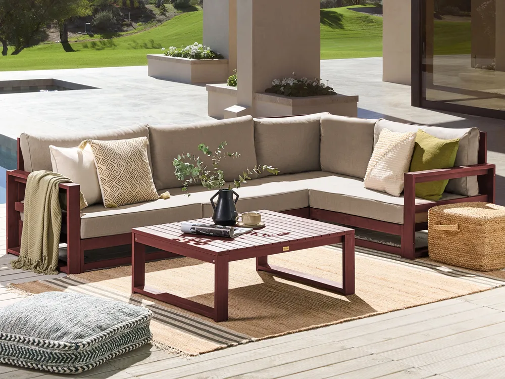 Garten Ecksofa mit Tisch 4-Sitzer TIMOR modular Akazienholz Dunkelrot linksseitig