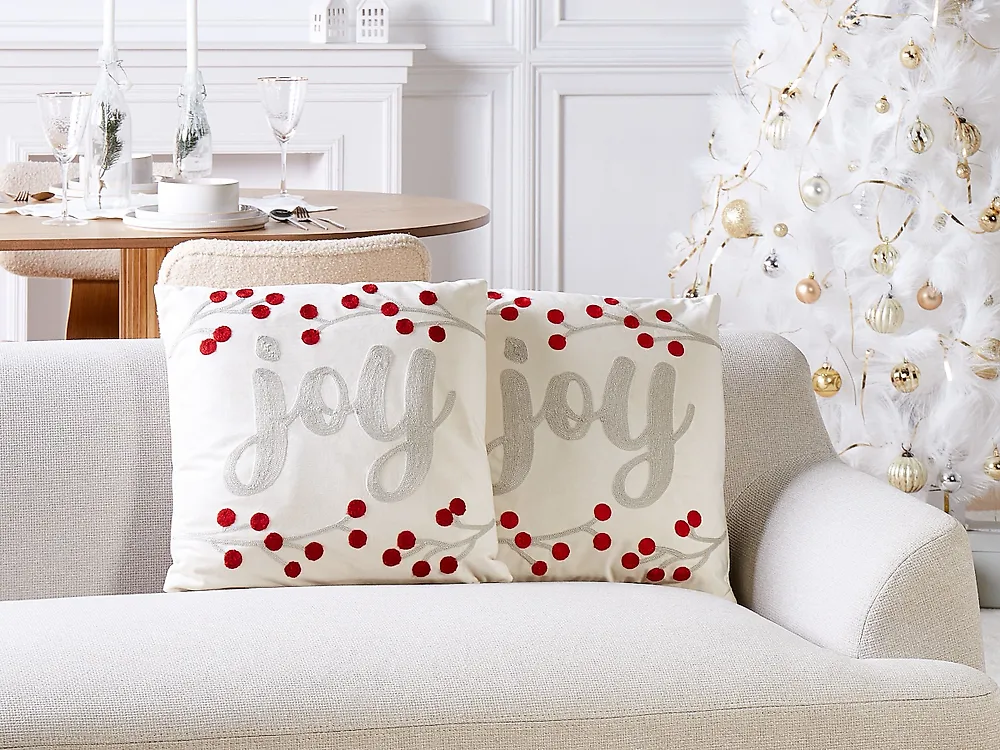 Dekokissen 2er Set PRALINE 45 x 45 cm Samtstoff Weiß Weihnachtsmotiv_1185395