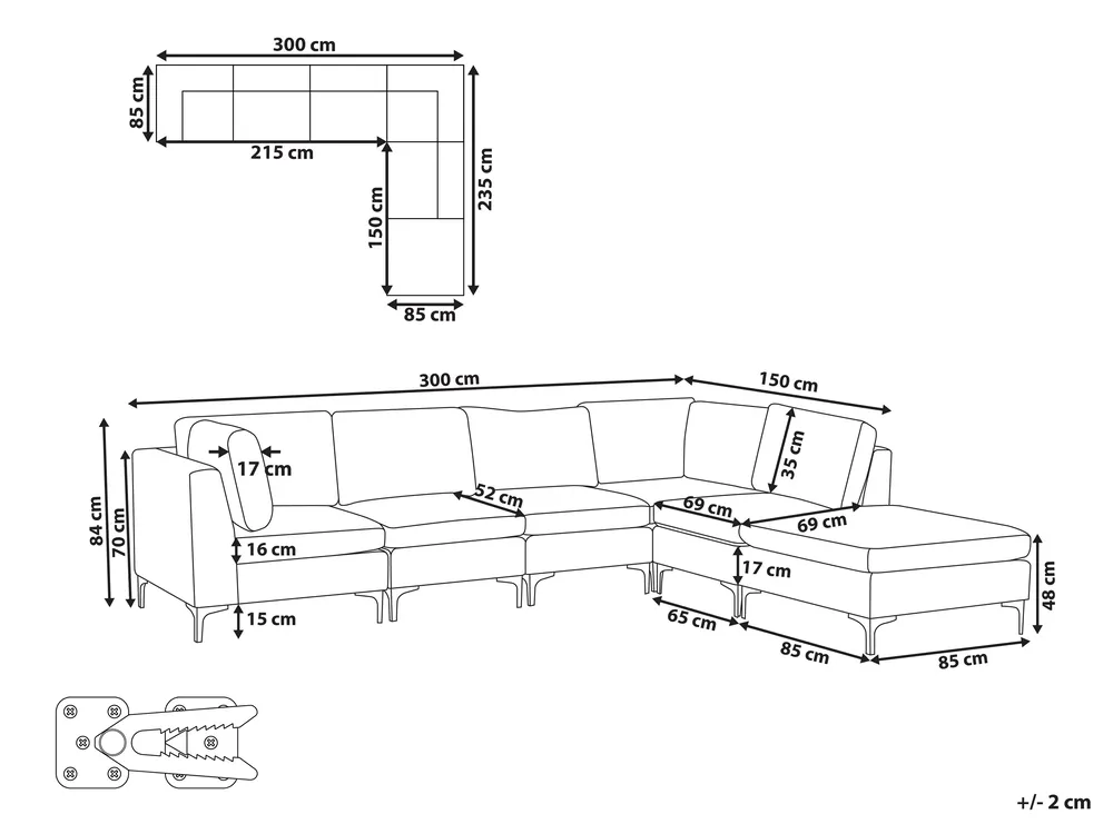 Modul Ecksofa 5-Sitzer EVJA mit Ottomane Samtstoff Marineblau linksseitig_859869