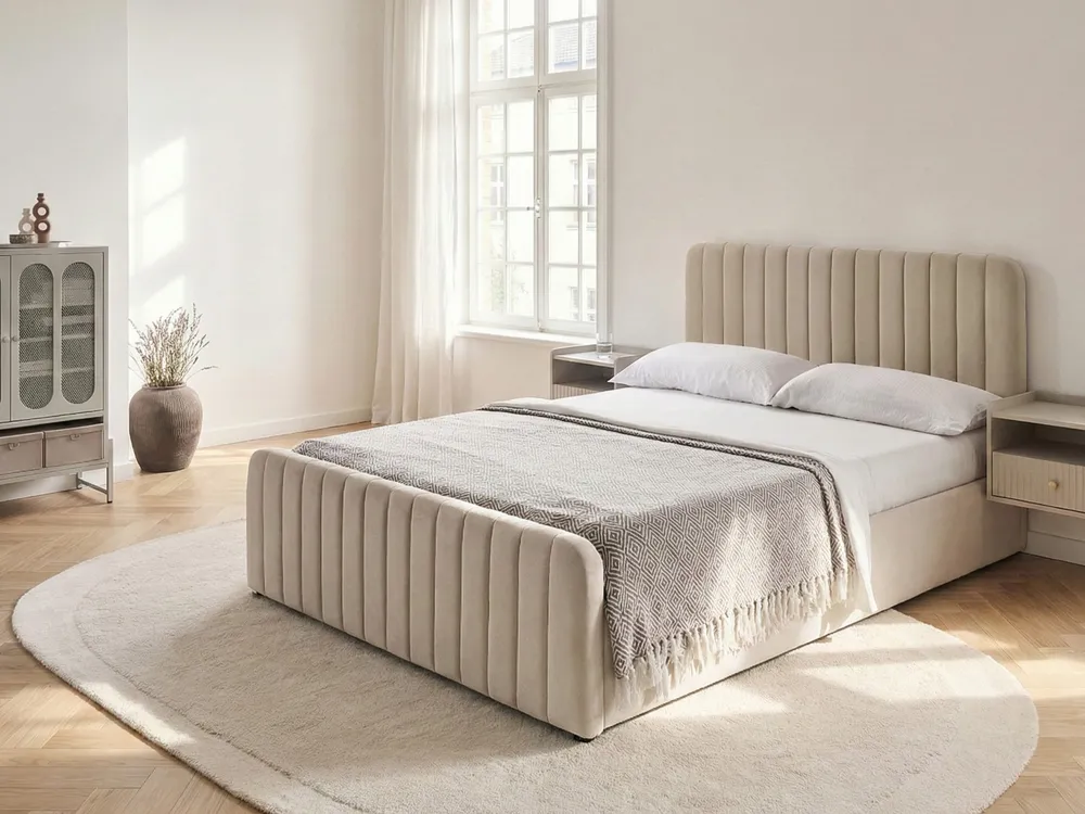 Bett mit Stauraum LUNAN Samtstoff Beige 140 x 200 cm