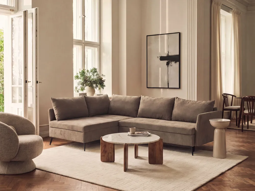 Eckschlafsofa 3-Sitzer KOGE mit Stauraum Stoff Braun rechtsseitig