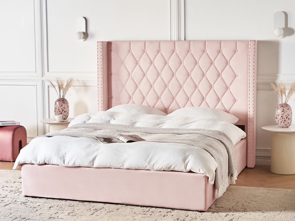 Bett mit Stauraum LUBBON Samtstoff Pastellrosa 160 x 200 cm