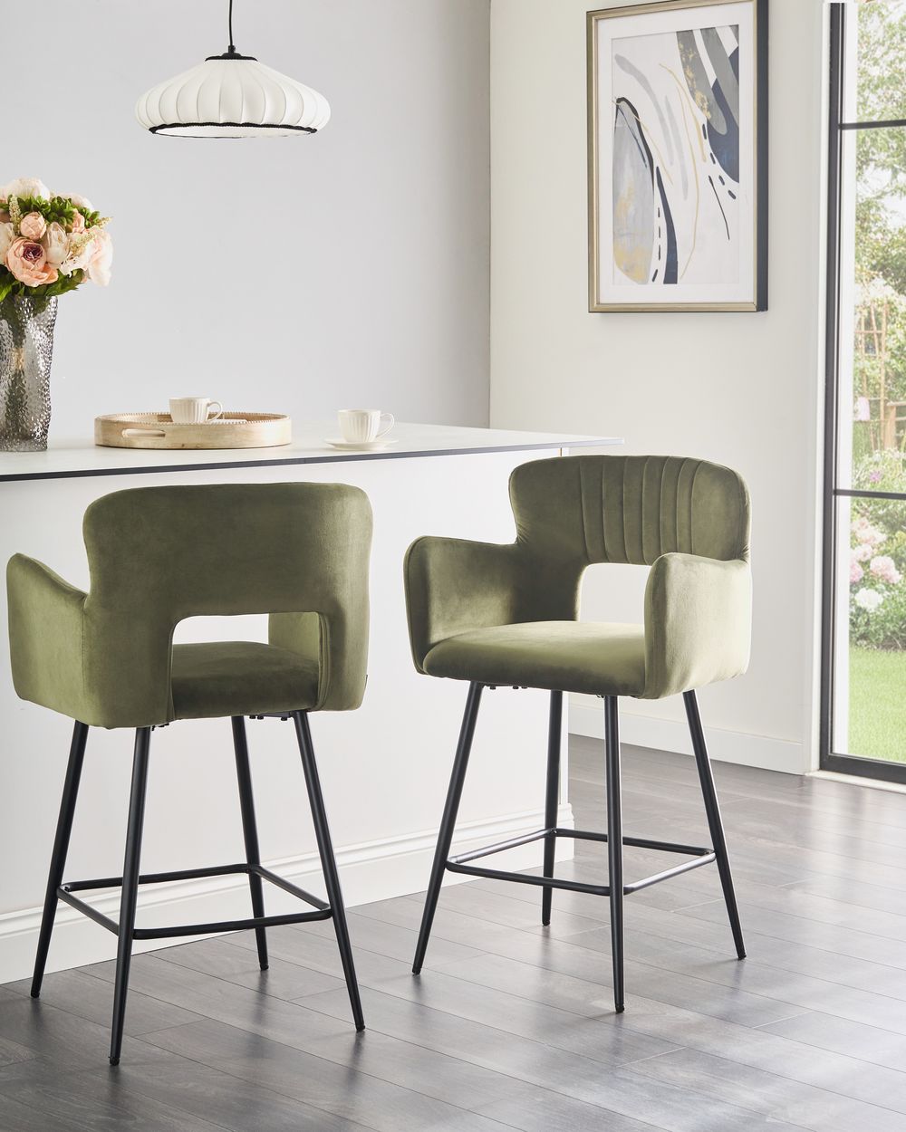 Set of 2 Bar Chairs SANILAC Velvet Olive Green
