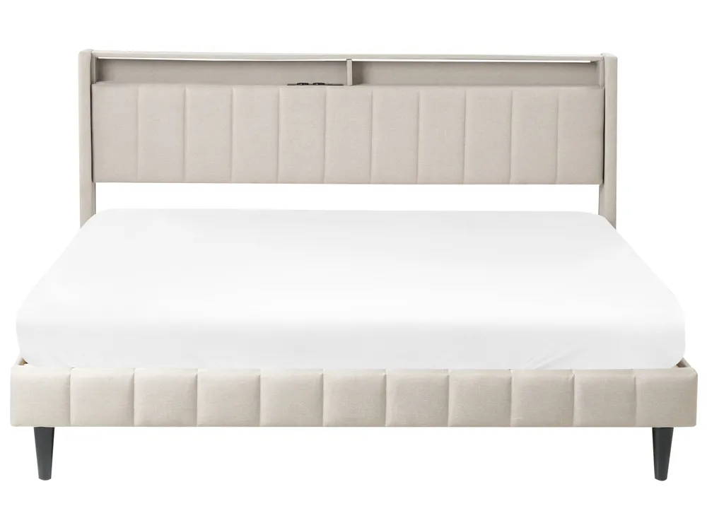 Bett mit LED BEAULIEU Stoff Beige 180 x 200 cm mit Stauraum mit USB-Anschluss_993563