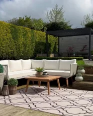 Garten Ecksofa mit Tisch 5-Sitzer ALCAMO Akazienholz Hellbeige linksseitig_957919