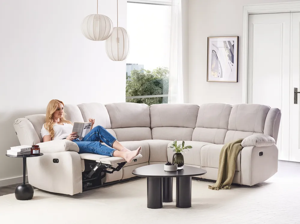 Manual Recliner Corner Sofa 5 Seater ROKKE with USB Port Fabric Off-White Left Hand_959378