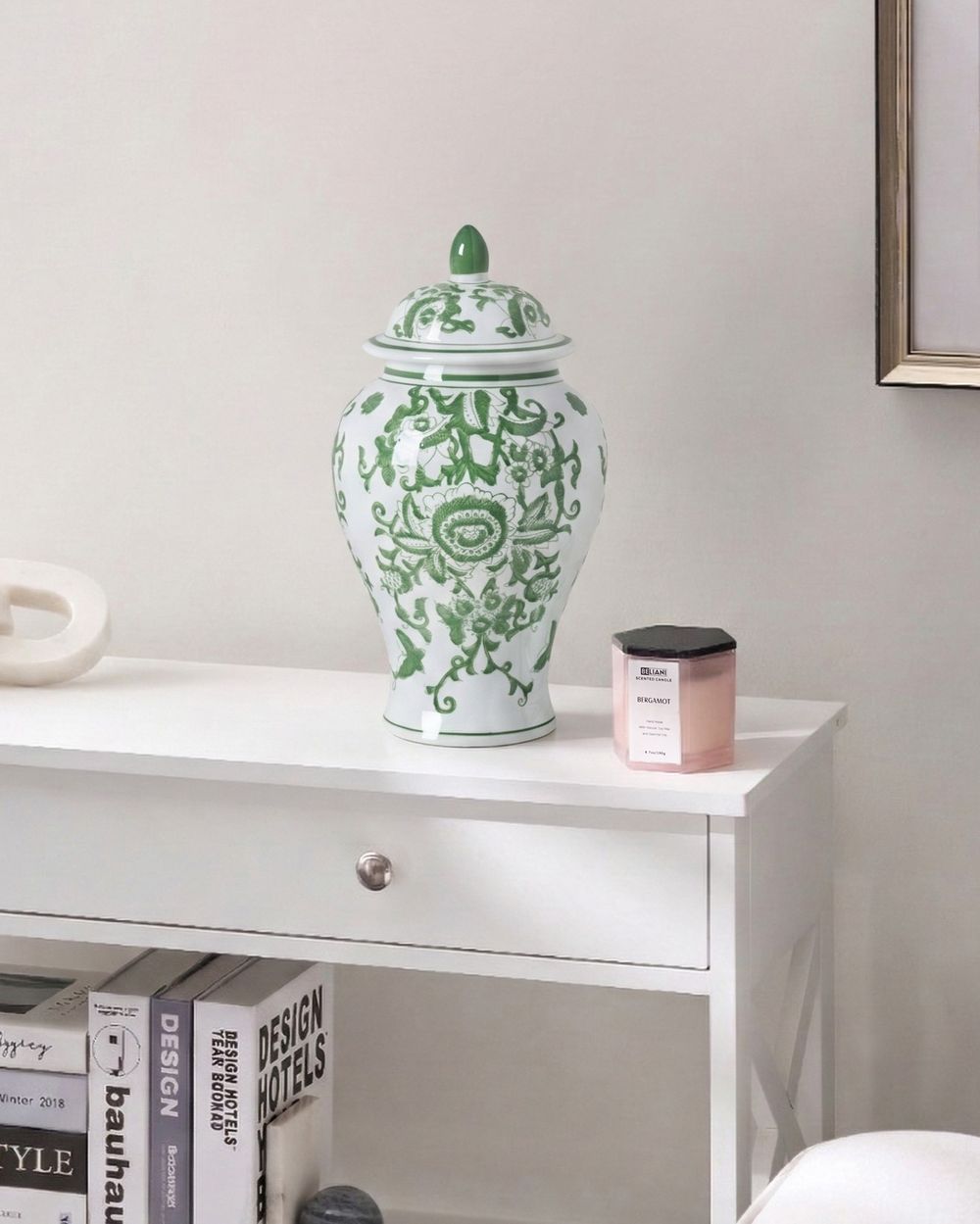 Lidded Vase MONDRAGON 37 cm Porcelain White/ Green