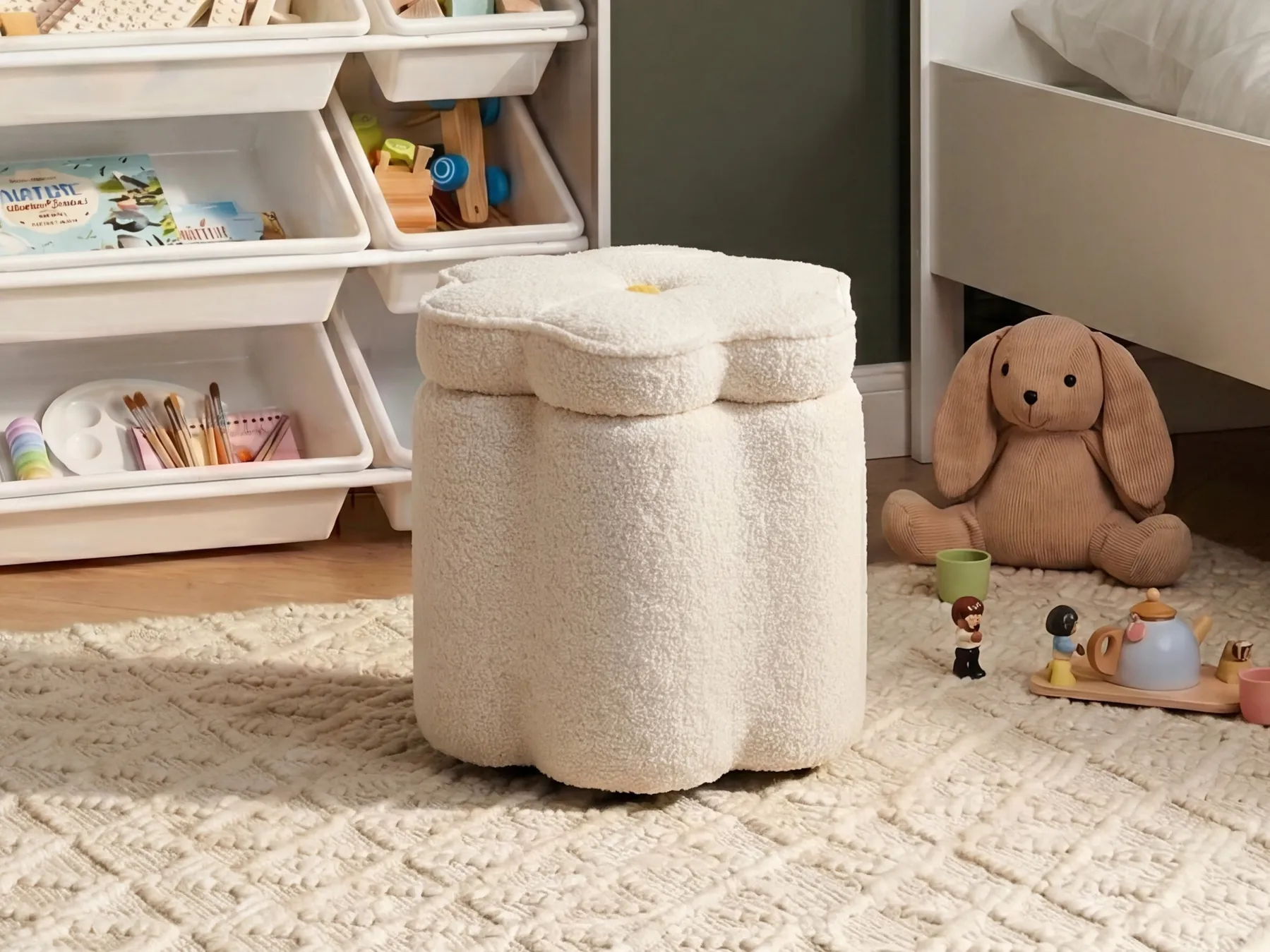 Pouf mit Stauraum FLOWER Blume Bouclé Cremeweiß_1082058