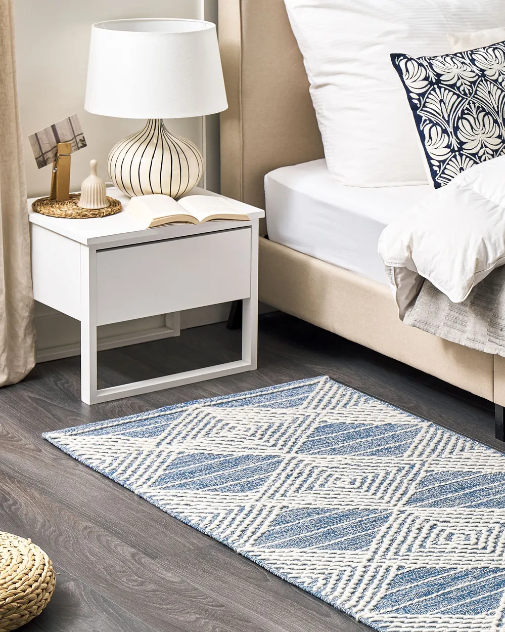 Teppich Wolle beige / blau geometrisches Muster verschiedene Größen DATCA