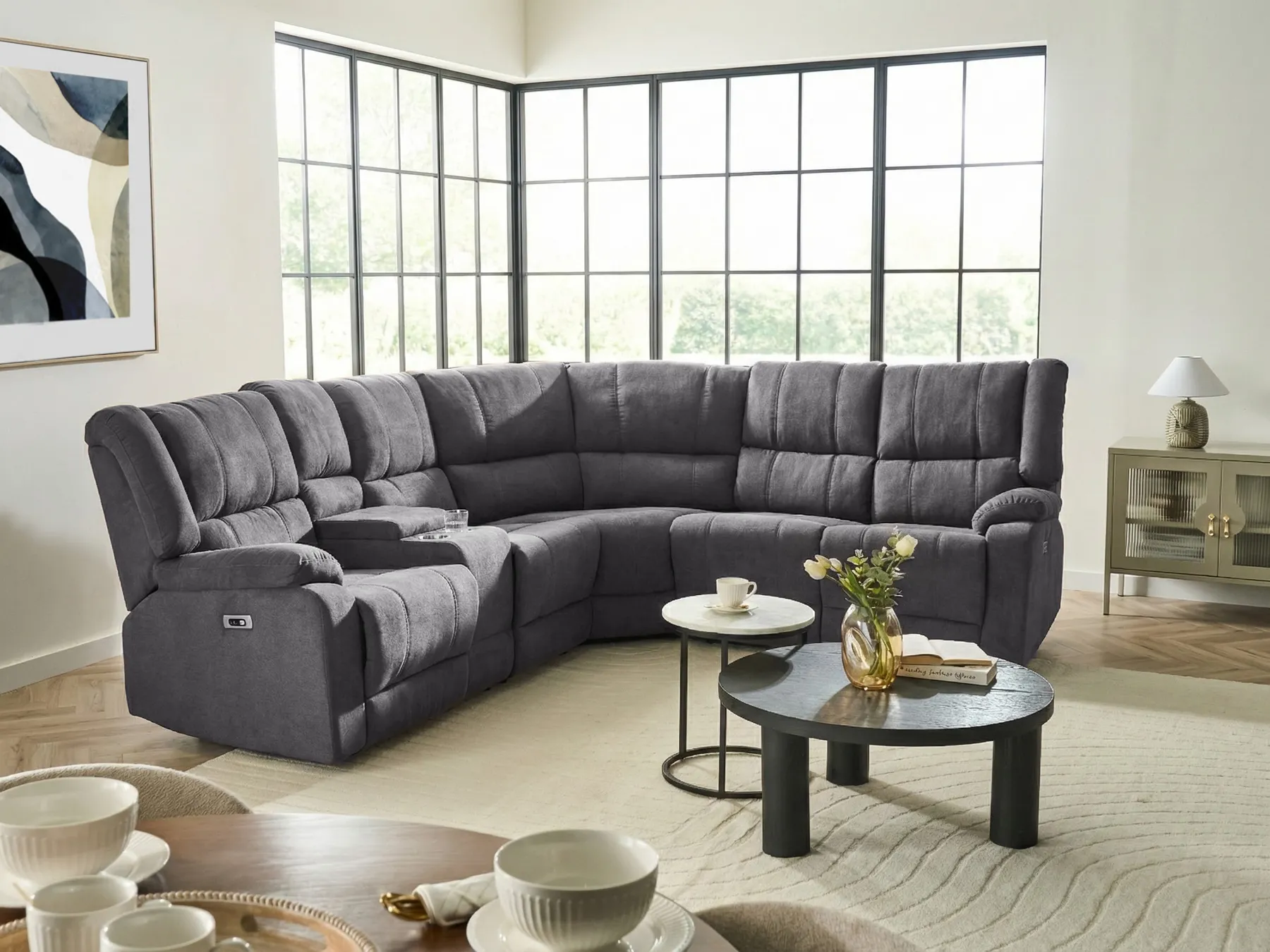 Electric Recliner Corner Sofa 5 Seater ROKKE with USB Port Fabric Dark Grey Left Hand_800370