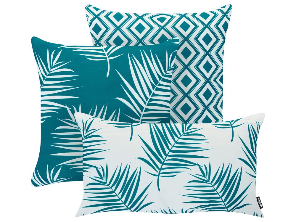 Gartenkissen 3er Set BIRDWOOD Pflanzenmuster 30 x 50 cm 45 x 45 cm Türkis