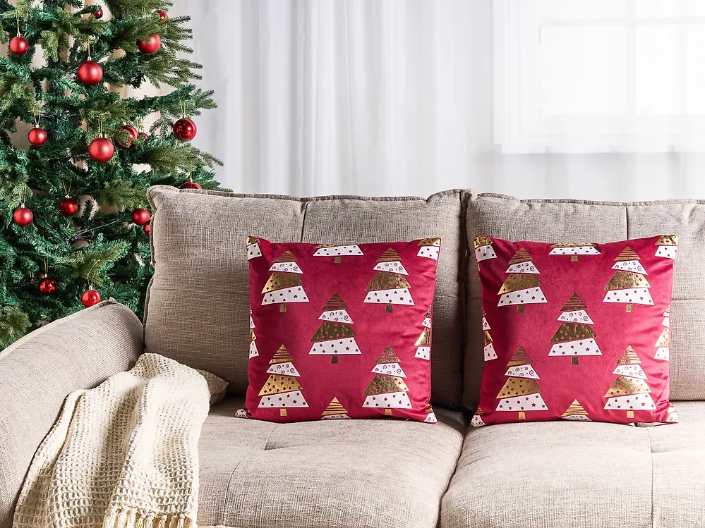 Dekokissen 2er Set GOLDSPRUCE 45 x 45 cm Samtstoff Rot Weihnachtsmotiv_1184833