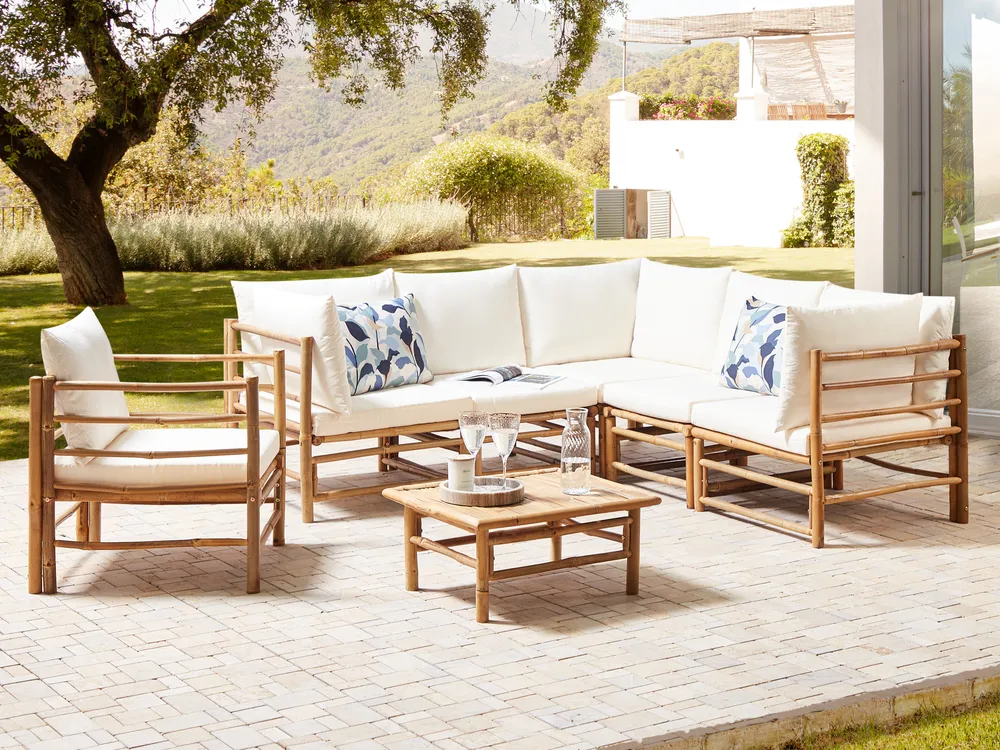 Lounge Set mit Tisch 6-Sitzer CERRETO Bambus Cremeweiß