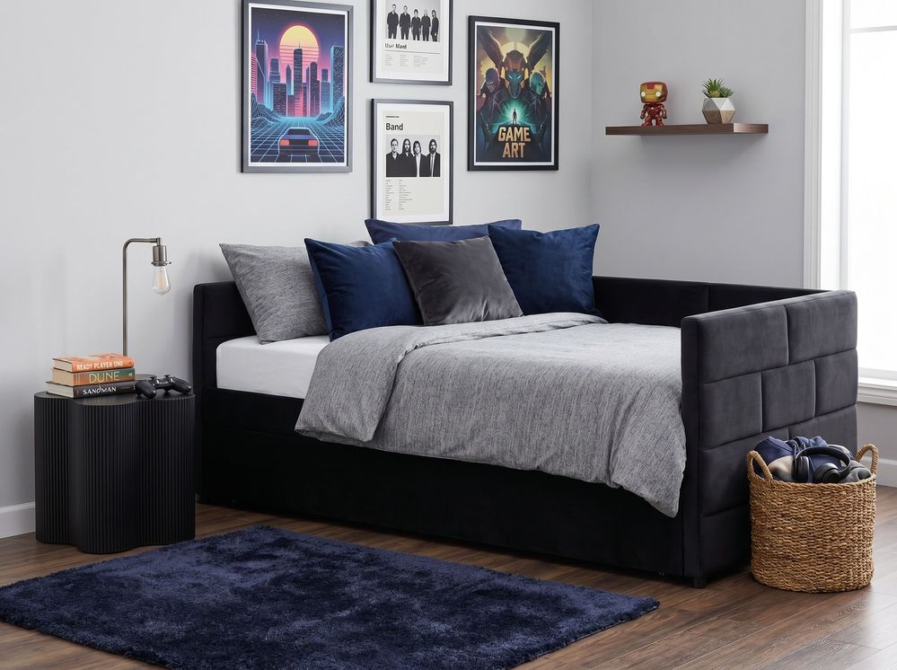 Daybed with Storage MARRAY Velvet Black 90 x 200 cm (EU Single)