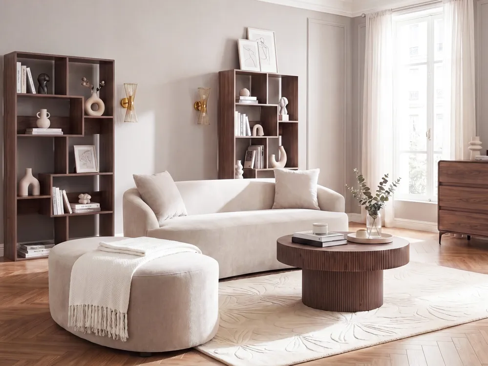 Sofa AMAL mit Ottomane Stoff Hellbeige_1145804