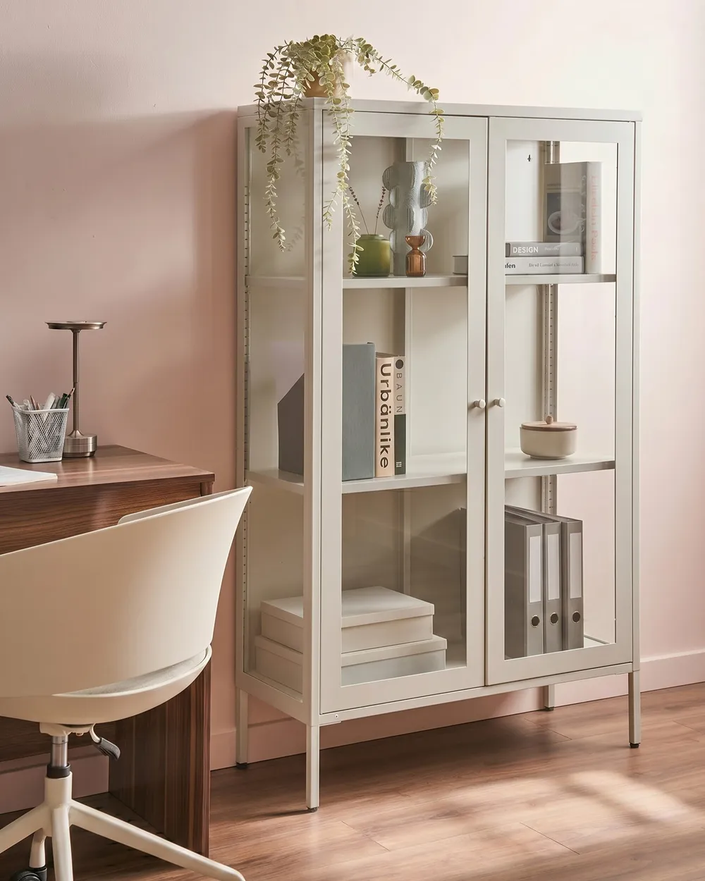 Vitrine mit Glastüren NASH 90 cm Metall Hellbeige
