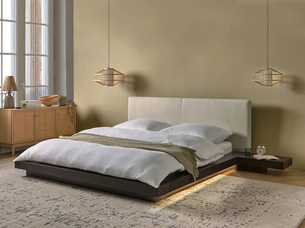 Bett mit LED Bouclé ZEN 160 x 200 cm LED Dunkle Esche