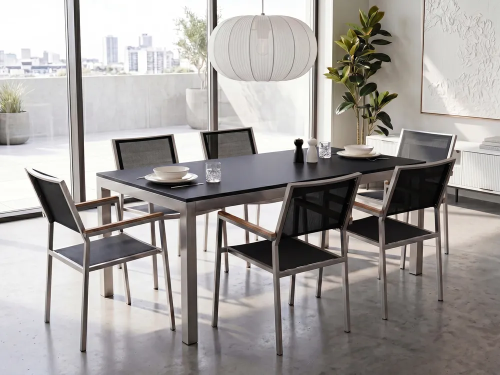 Garden Dining Set 6 Seater GROSSETO Tempered Glass Black_1105740