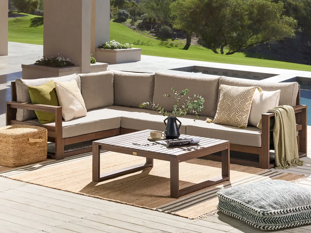 Garten Ecksofa mit Tisch 4-Sitzer TIMOR modular zertifiziertes Akazienholz Dunkelbraun rechtsseitig