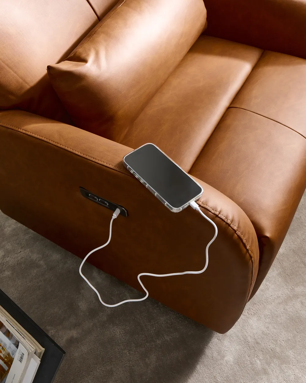 Elektrischer Schaukel-Fernsehsessel KRONOS drehbar mit USB-Anschluss Kunstleder Braun_1078637