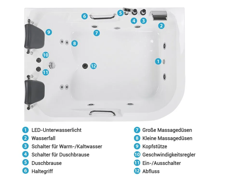 Whirlwanne Eckmodell mit LED BAYAMO 170 x 120 cm Weiß rechtsseitig_821993