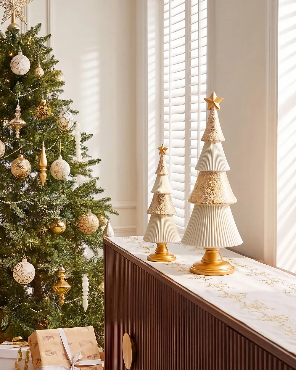 Weihnachtsdekoration 2er Set ASPO 32/41 cm Weihnachtsbaum Cremeweiß / Gold