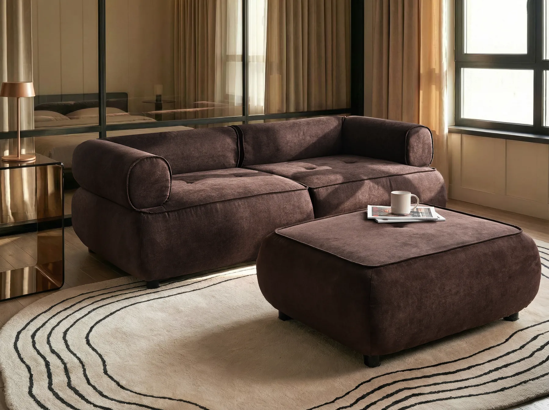 Sofa 3 Seater SALLA with Ottoman Fabric Dark Brown_1057921