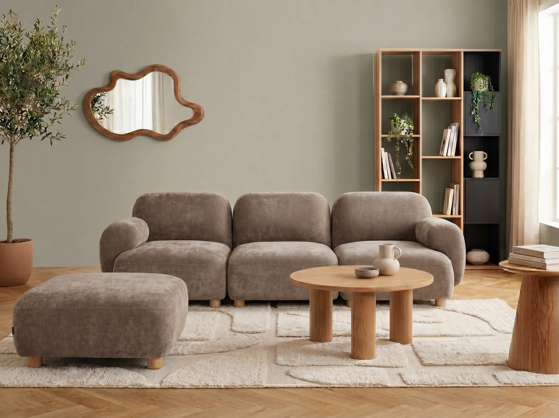 Modulsofa 3-Sitzer AMLI mit Ottomane Stoff Beige_1070323