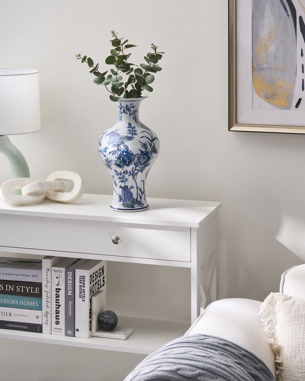Flower Vase BERGA 36 cm Porcelain White/ Blue