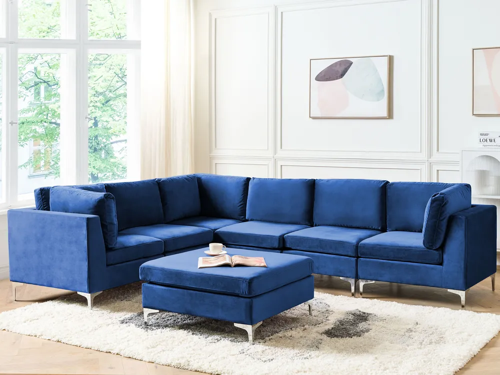 Modul Ecksofa 6-Sitzer EVJA mit Ottomane Samtstoff Marineblau rechtsseitig