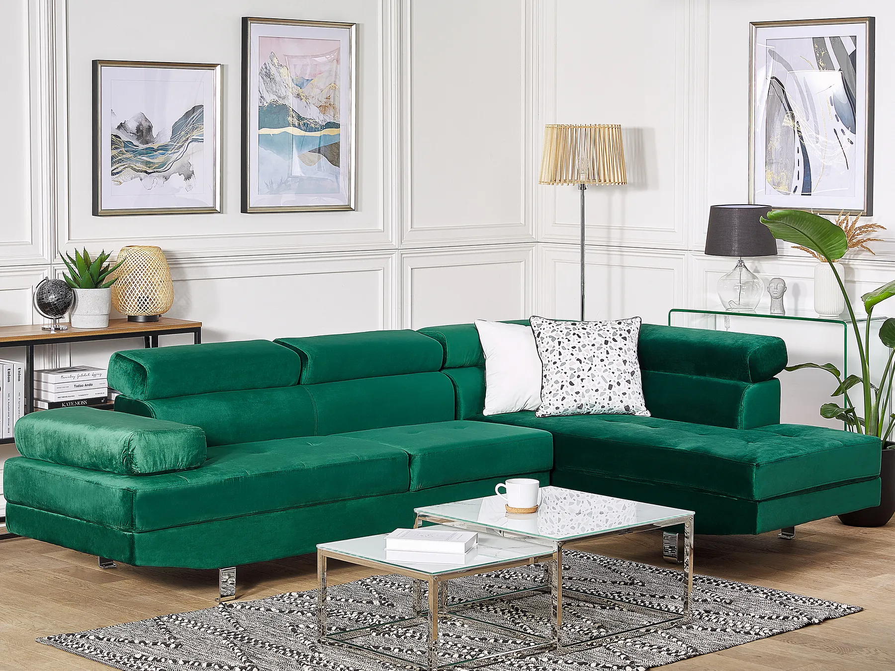 Corner Sofa 5 Seater NORREA Velvet Emerald Green Left Hand_784852