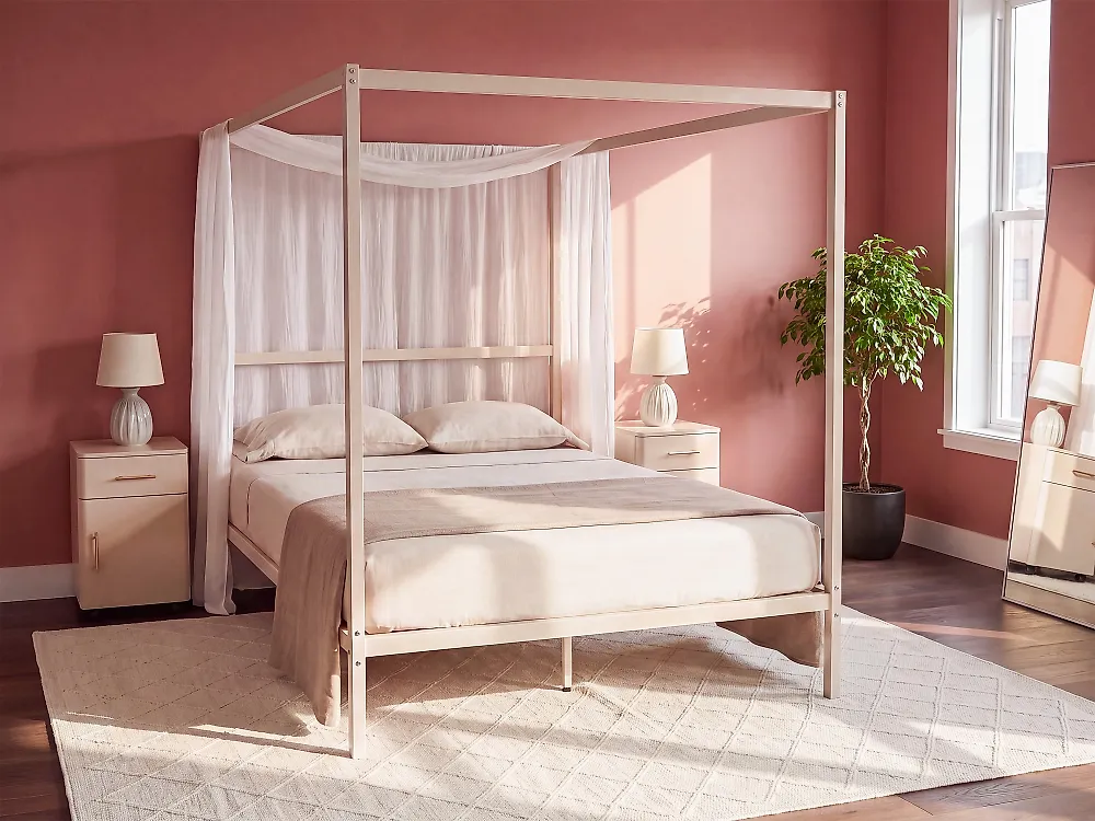 Four Poster Bed Metal LESTARDS 140 x 200 cm (EU Double) Light Beige_1165374