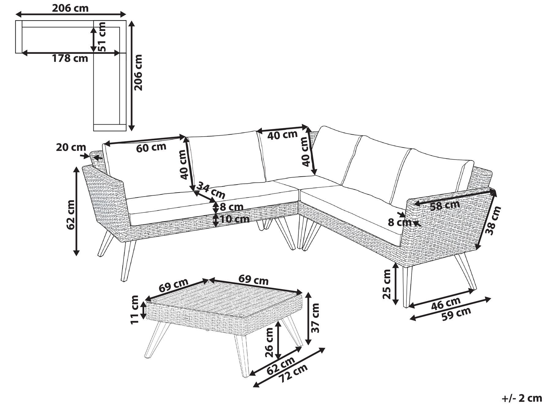 Garten Ecksofa mit Tisch 6-Sitzer VITTORIA Polyrattan Cremeweiß_1090695