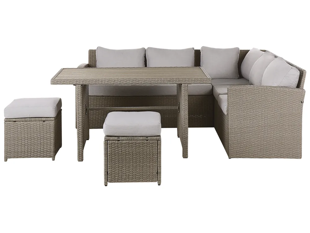 Lounge Set mit Tisch und Ottomane 5-Sitzer BARDI inkl. Kissen Polyrattan Taupe